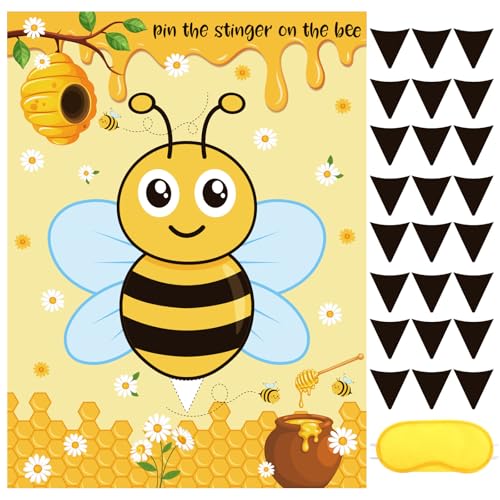 Bee Party Decorations Kit - Pin the Stinger on the Bee Game Set with Poster, Stickers & Mask - Bee Variation