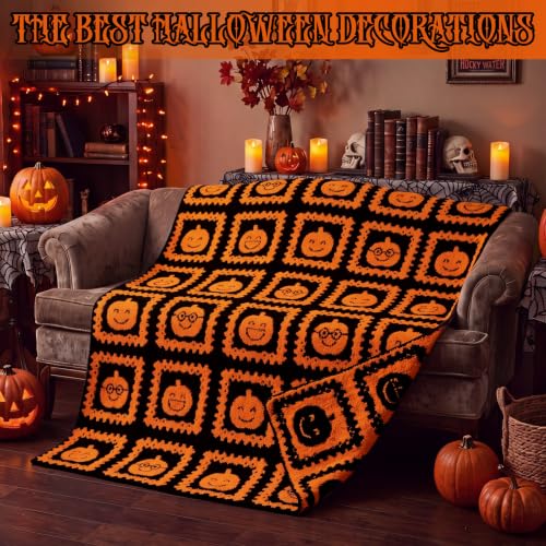 Halloween Pumpkin Face Reversible Knit Throw Blanket - Black and Orange