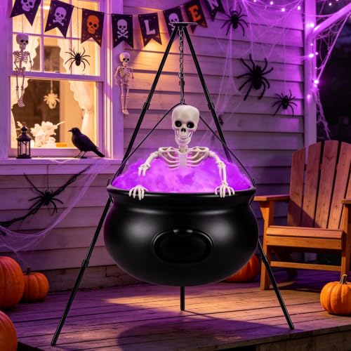 Purple Halloween Witches Cauldron Decor Set with Skeleton & LED Lights - Outdoor Yard Porch