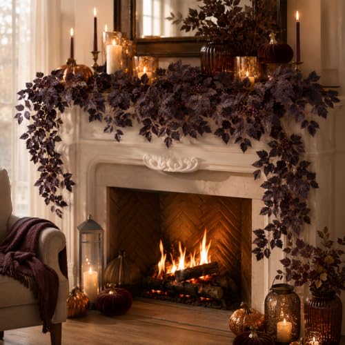 Artificial Fall Garland - 2pcs Moody Plum Burgundy Autumn Leaf Decor