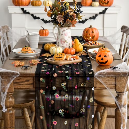 Black Embroidery Daisy Gauze Table Runner 28x120 Inch - Artoid Mode