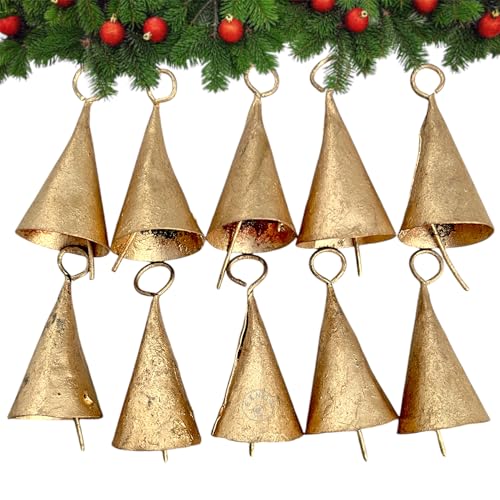 Antique Gold Jingle Bells Set of 20 - Rustic Metal Christmas Decorations with Hanging Loops - Cylinder & Cone Styles