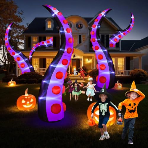 Purple Halloween Inflatable Octopus Tentacles 14FT Giant Yard Decoration with LED Lights