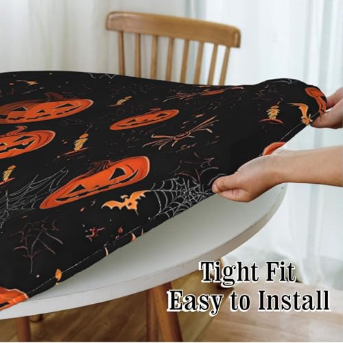 Halloween Pumpkin Spider Fitted Round Tablecloth 40-44 Inch Waterproof & Wipeable
