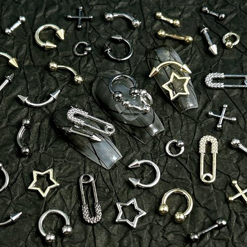 Gray 80 Pcs Piercing Nail Charms Set - 3D Gold Silver Alloy Goth Punk Nail Art