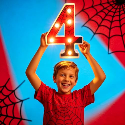 8.5-Inch Spider Light Up Number 4 - Red & Blue LED Birthday Sign, Reusable Wall & Tabletop Decor