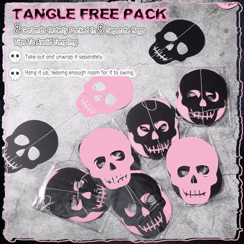 Halloween Skull Decor Garland Set - Pink & Black, 8 Pieces, 43 Inch