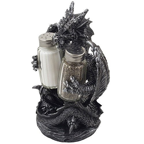 Mythical Dragon Salt and Pepper Shaker Set with Holder - Gothic Fantasy Decor