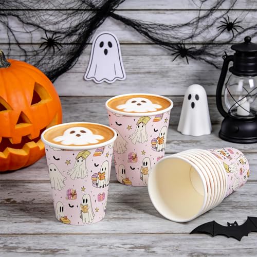 White Ghost and Book Halloween Paper Cups 9oz - 50 Pack Disposable Drinkware