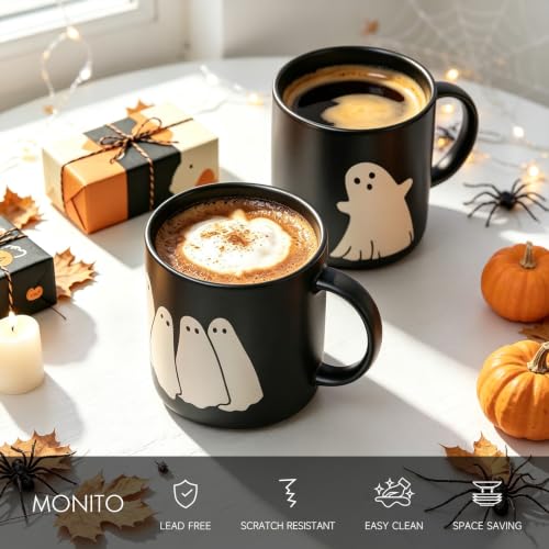 Black Ghost Ceramic Coffee Mug Set of 2 - Matte Black Halloween Drinkware