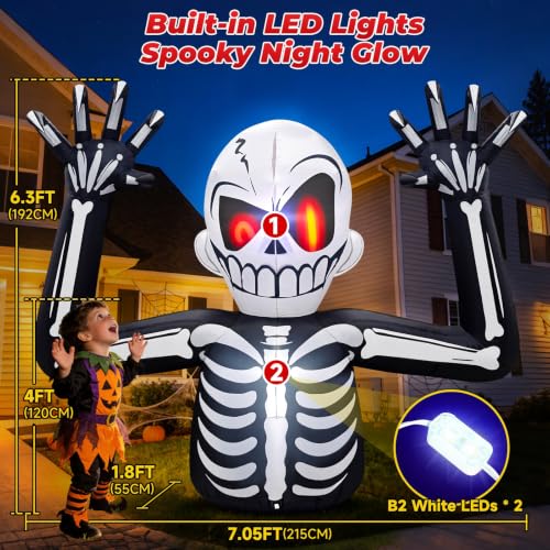 White Skeleton Halloween Inflatable - 6FT Outdoor Yard Decor with Red Eyes & LED Lights
