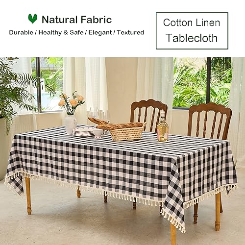 Black and White Checkered Rectangle Tablecloth 55x84 Inches with Tassels - Farmhouse Style