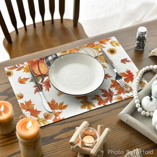 Rectangular Fall Placemats Set of 4 - Sunflowers & Pumpkins, 12 x 18 Inches, Beige