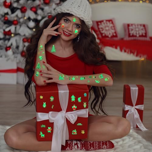 Christmas Luminous Temporary Tattoos 10 Sheets - Holiday Party Favors & Stocking Stuffers