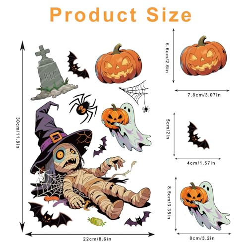 Halloween Window Clings Decals Set - 9 Sheets with Ghosts Pumpkins Bats