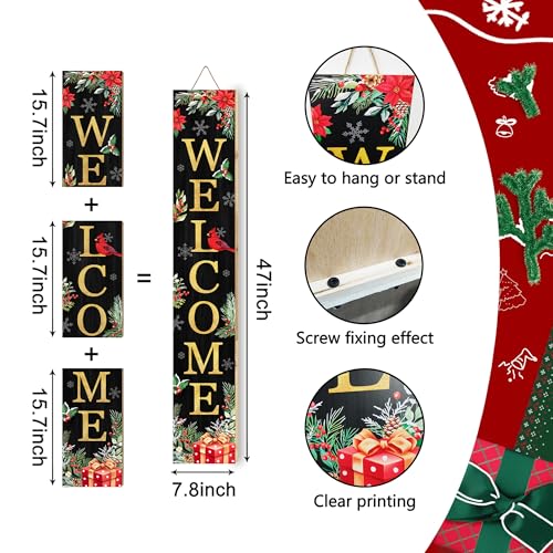 Christmas Welcome Sign for Front Porch Standing - Red Holly Xmas Wooden Sign, Rustic Farmhouse Decor