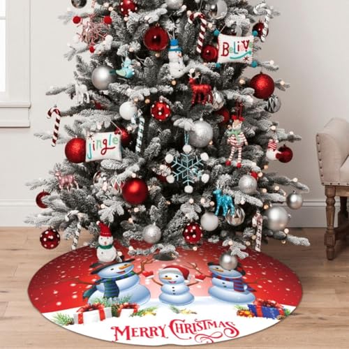 36in Snowman Family Christmas Tree Skirt - Red Background, Holiday Decor
