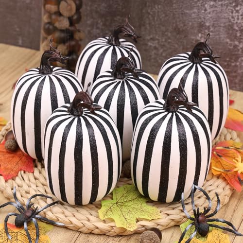 Artificial Pumpkin Set - 6 Pcs Fake Zebra Pumpkins for Fall Halloween Thanksgiving Decor 4.7 Inch