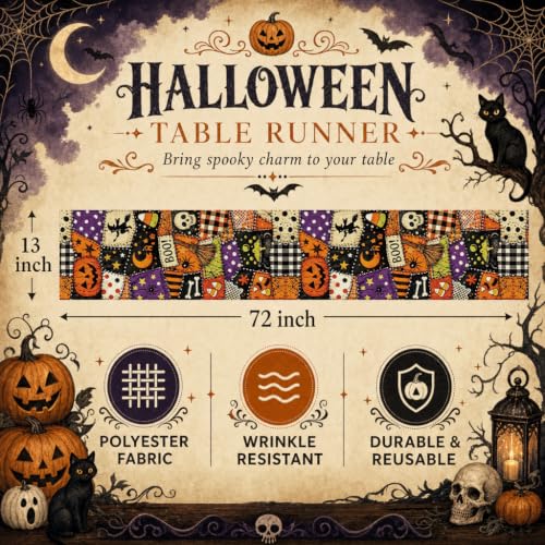 Halloween Witchy Burlap Table Runner 13x72 Inch - Seasonal Kitchen Decor