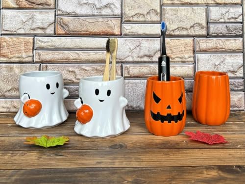 Halloween Ceramic Coffee Spoon & Utensil Holder Ghost with Pumpkin