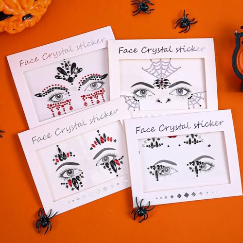 Halloween Face Gems Stickers Set - Self-Adhesive Rhinestone Jewels for Face & Body, 4 Styles