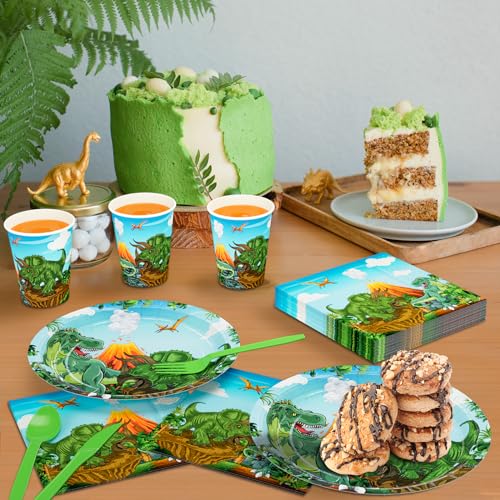 Dinosaur Party Supplies Set for Kids - Plates, Napkins, Cups & Cutlery, Serves 24