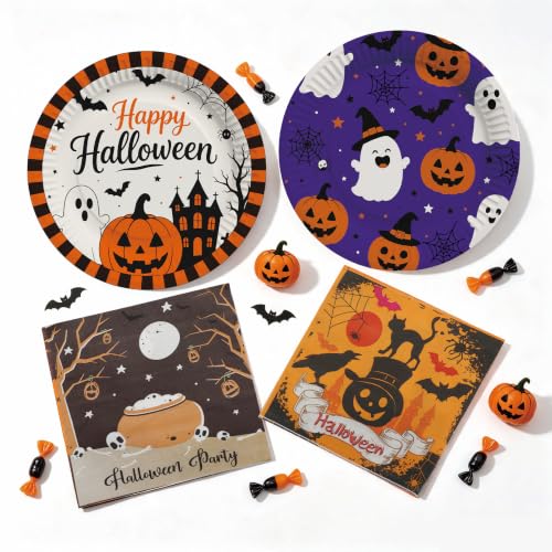 Halloween Paper Plates and Napkins Set for 40 Guests - Disposable Party Tableware
