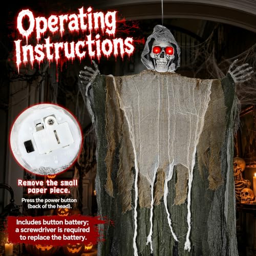 Grey Hanging Ghost Decorations Set - Spooky Halloween Skeleton & Ghost Decor with Glowing Eyes - 3PCS