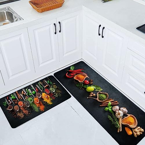Herbs and Spices Kitchen Rug Set 2 Pieces Non Slip Waterproof Floor Mats – Spices Variation