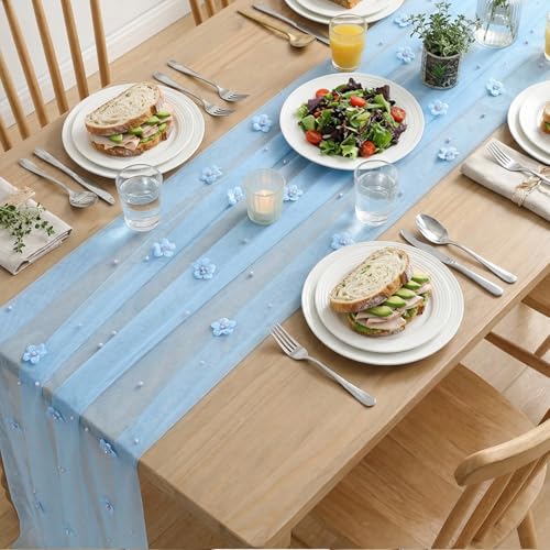 28x120 Inch Blue Flower Pearl Gauze Table Runner Set - 6 Pack for Holiday & Wedding Decor