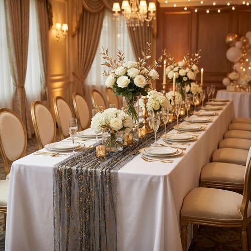 Black Gold Metallic Foil Table Runner 12pcs 28x120 Inches - Sheer Gauze Fabric