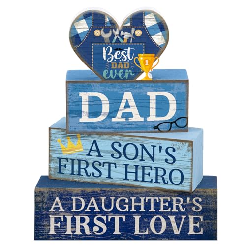 Father's Day Wooden Sign Set - Dad Block Signs Farmhouse Decor, 4 Pieces