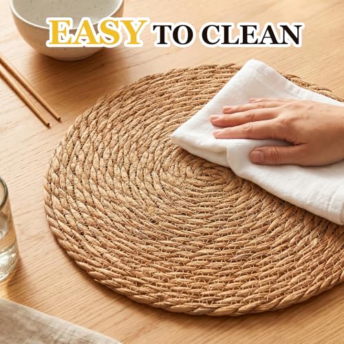 24 Pcs Round Woven Placemats - Natural Water Hyacinth & Straw Table Mats