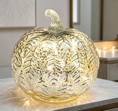 Mercury Glass Pumpkin Light with Timer - Silver Fairy Lights Halloween Fall Decor
