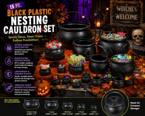 Halloween Cauldron Set - Black Plastic Buckets for Party Decor, 15 Pieces