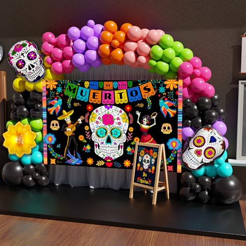Dia De Los Muertos Balloon Arch Kit with Large Backdrop Banner - 162PCS Halloween Fiesta Decor