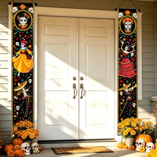 Day of the Dead Door Decorations 2 Pack - Halloween & Fiesta Porch Banners
