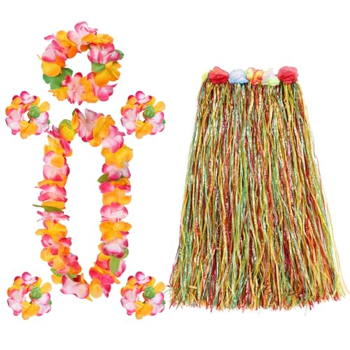 7PCS Hawaiian Leis Bulk Colorful Tropical Flower Necklaces for Summer Beach Party - Includes 80cm Skirt Variation