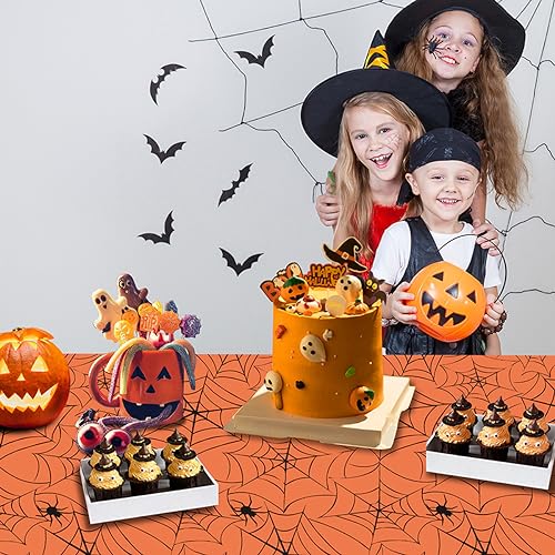 Halloween Plastic Tablecloth - Orange Spider Web, 54x108 in, Disposable Waterproof Cover, 2 Pack