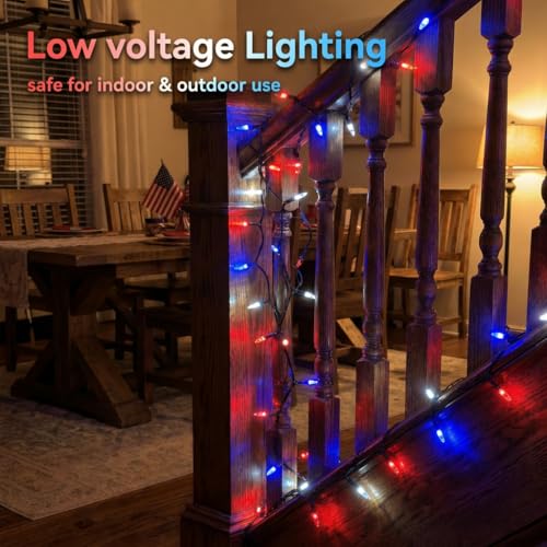 Battery Operated 4th of July String Lights - Red White & Blue, 16FT with 8 Modes & Timer