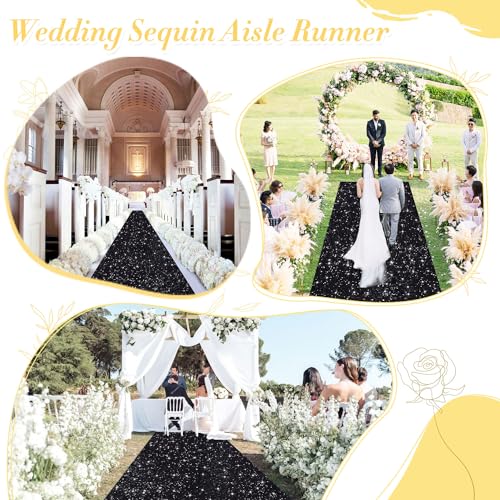 Black Sequin Aisle Runner for Wedding Ceremony 2ft x 15ft - Modern Glitter Carpet with Tapes - Black