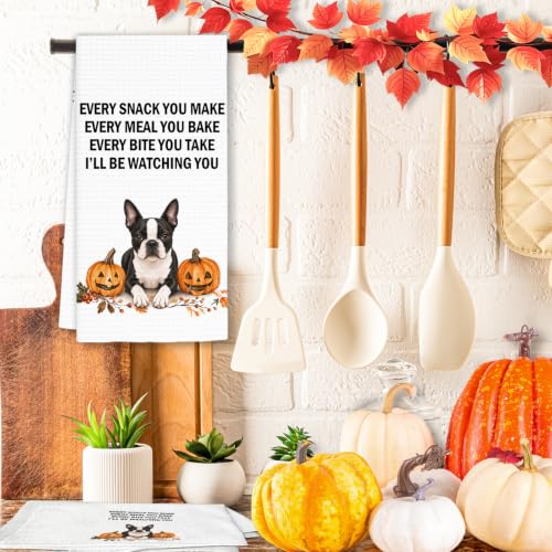 Boston Terrier Fall Dog Kitchen Towels - Pumpkin Dog Dish Decor - FIicy