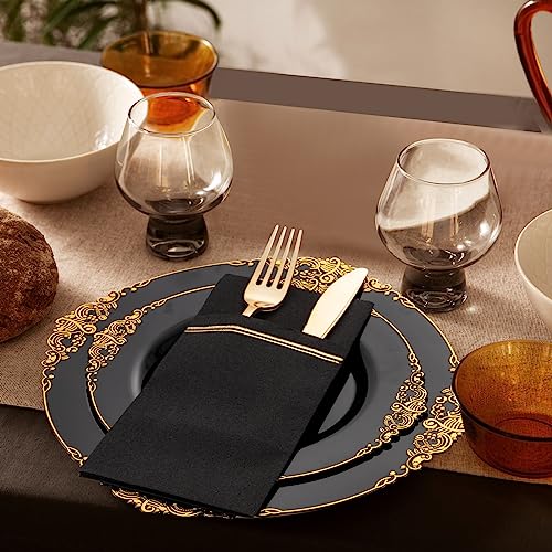 Black Disposable Napkins with Built-in Flatware Pocket - 100 Pack