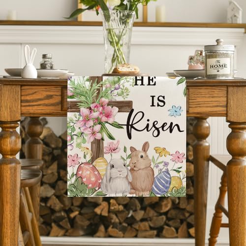 Easter Bunny Eggs Table Runner 13x72 Inch Seasonal Spring Kitchen Decor - Beige