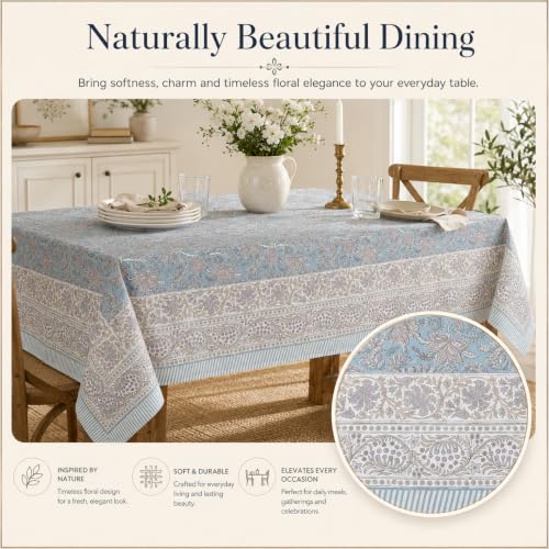 Hand Block Printed Floral Rectangle Table Cloth - Sky Blue, 108x72 Inches, Cotton, Festive & Everyday Use