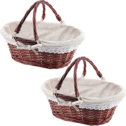 Small Wicker Picnic Basket Set with Linen Lining and Handles - Brown Willow Woven Baskets for Food and Gift Storage (2 Pieces)