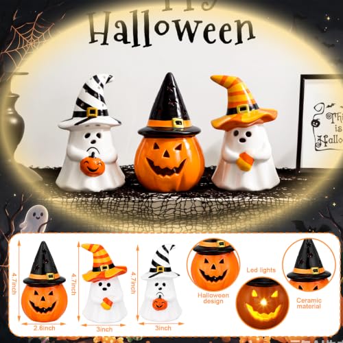 Halloween Ceramic Ghost Pumpkin Figurines with LED Lights - Indoor Decor Set