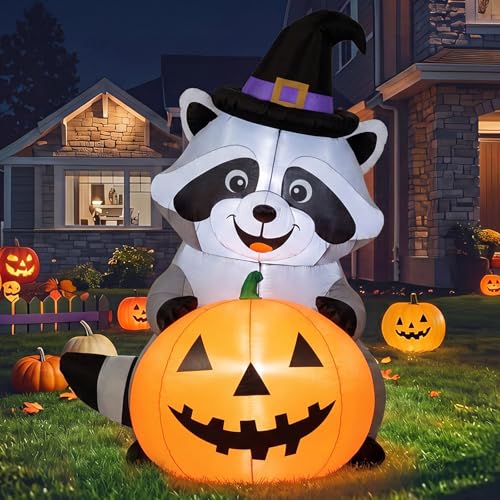 Halloween Inflatable Witch Raccoon Decor - 5 ft Outdoor Blow-up Decoration with LED Lights - Halloween Style