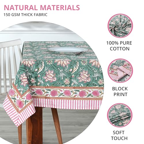 Viridian Green Hand Block Print Cotton Tablecloth 190x72 Inch - Rustic & Elegant Dining Cover