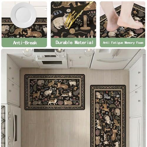 Anti-Fatigue Cat Kitchen Rug Mat Set - Vintage Black Non-Slip Waterproof Memory Foam